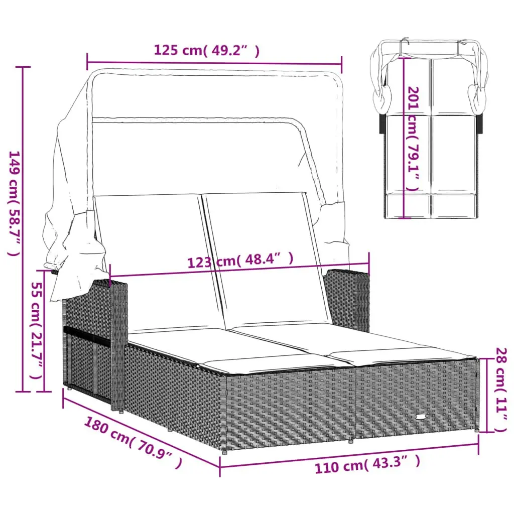 Double Sun Lounger Beige Adjustable Backrest Retractable Canopy Padded Cushions