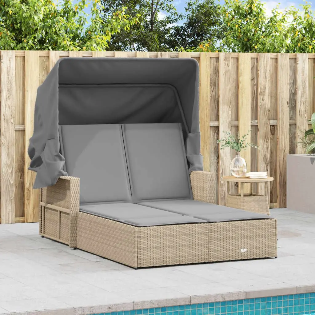 Double Sun Lounger Beige Adjustable Backrest Retractable Canopy Padded Cushions