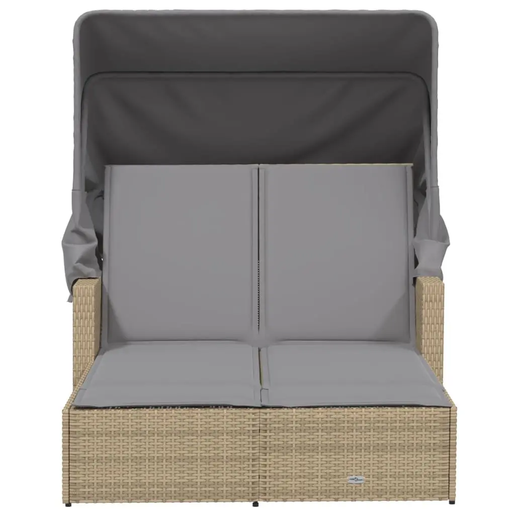 Double Sun Lounger Beige Adjustable Backrest Retractable Canopy Padded Cushions