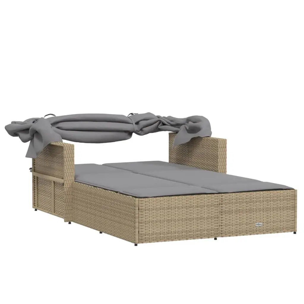 Double Sun Lounger Beige Adjustable Backrest Retractable Canopy Padded Cushions