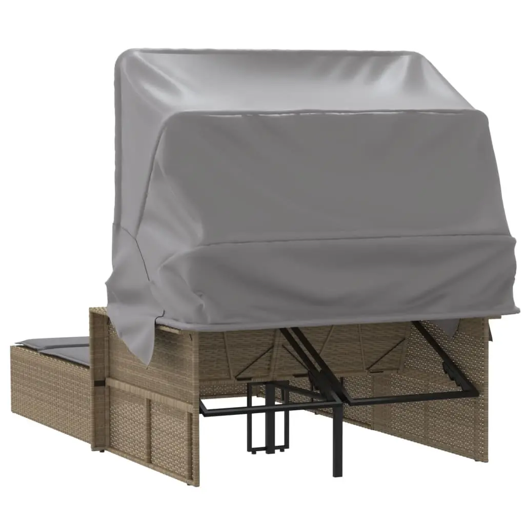 Double Sun Lounger Beige Adjustable Backrest Retractable Canopy Padded Cushions