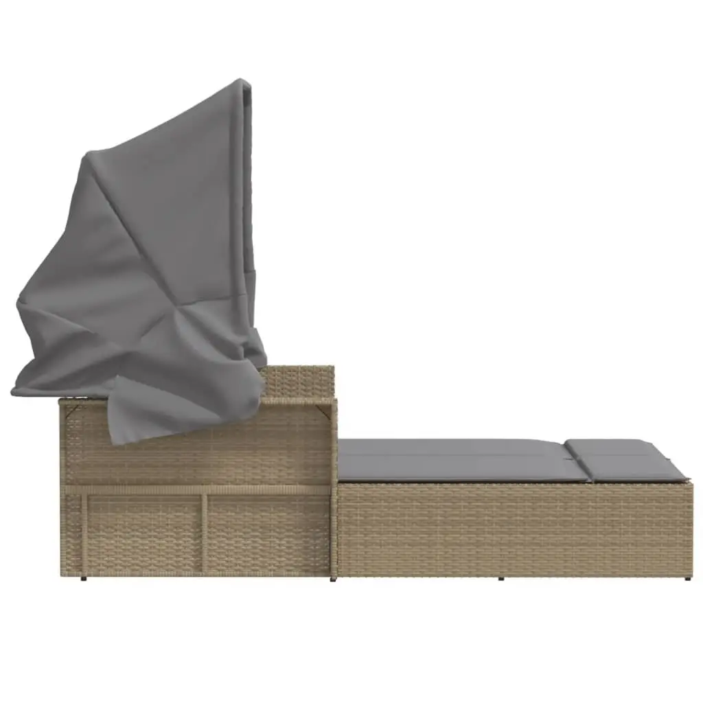 Double Sun Lounger Beige Adjustable Backrest Retractable Canopy Padded Cushions