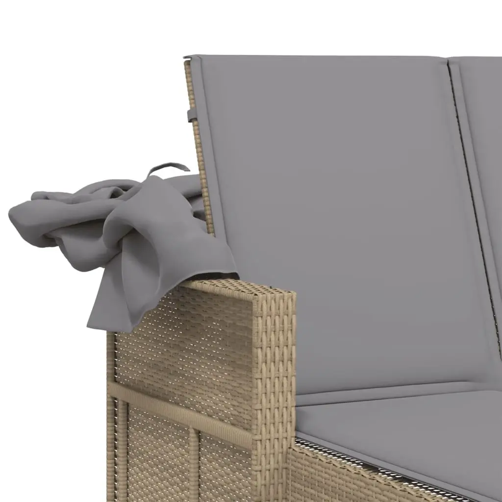 Double Sun Lounger Beige Adjustable Backrest Retractable Canopy Padded Cushions