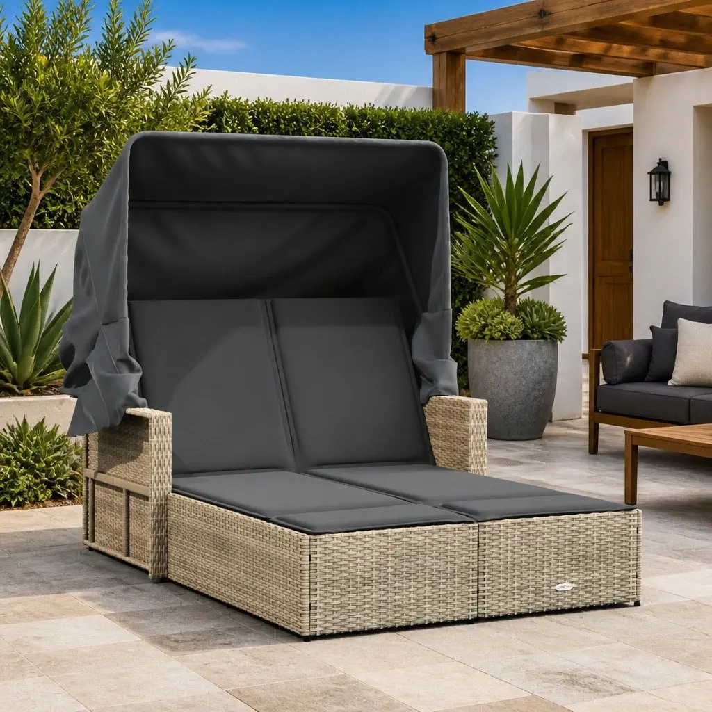 Double Sun Lounger Grey Canopy Cushions Adjustable Backrest Outdoor Furniture