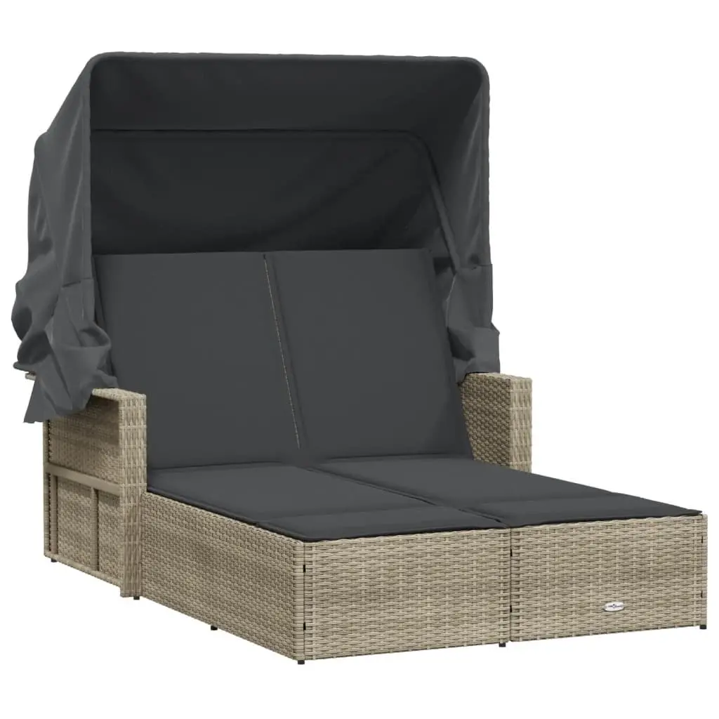Double Sun Lounger Grey Canopy Cushions Adjustable Backrest Outdoor Furniture