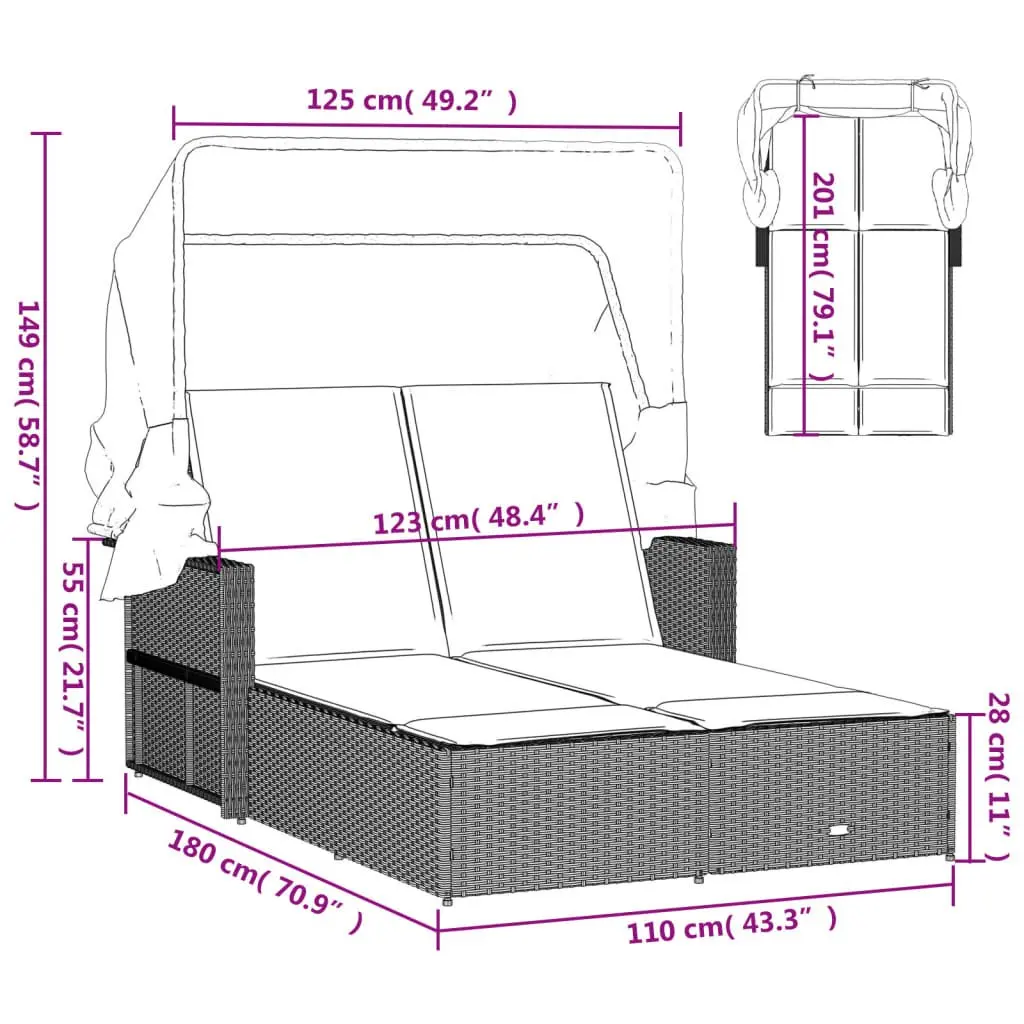 Double Sun Lounger Grey Canopy Cushions Adjustable Backrest Outdoor Furniture
