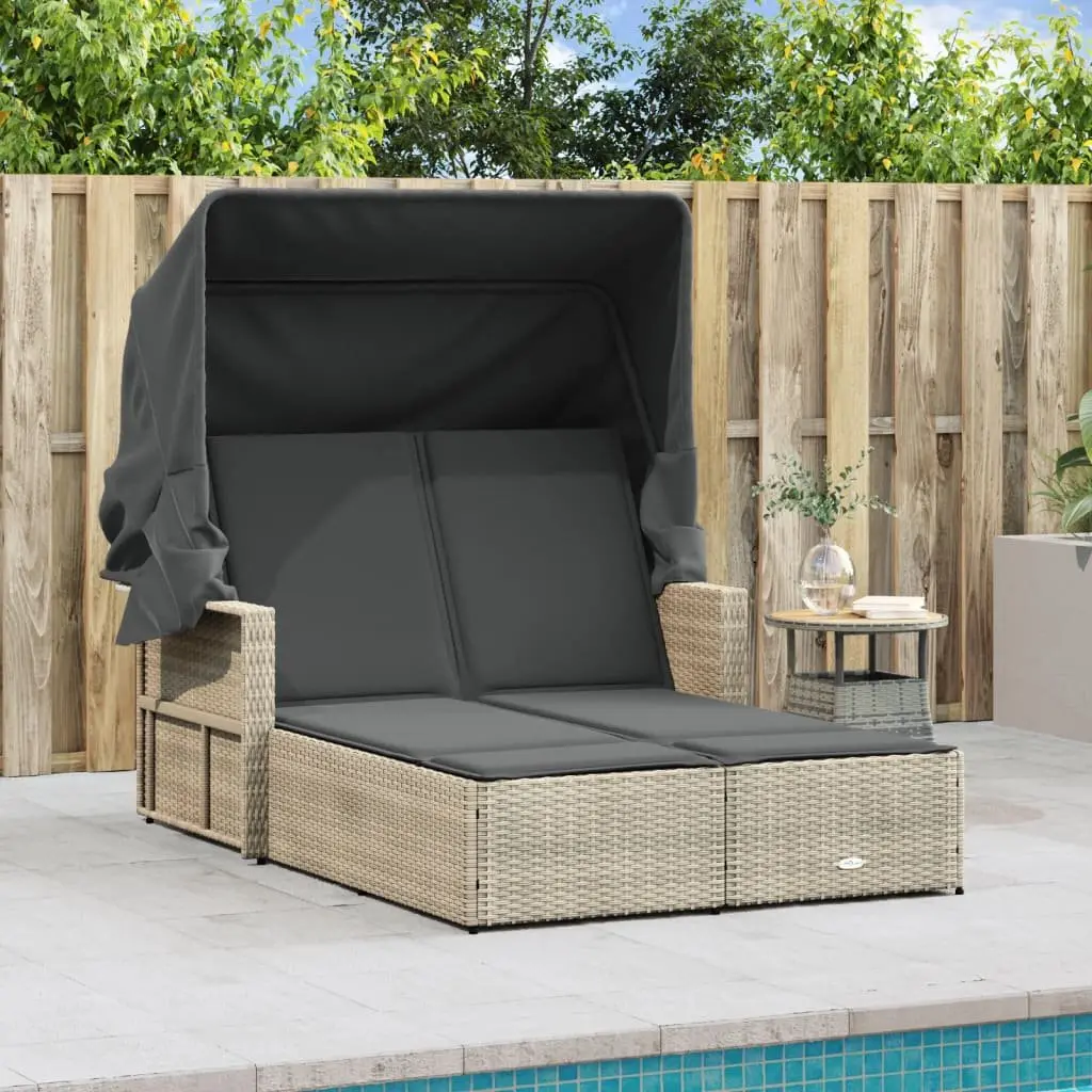 Double Sun Lounger Grey Canopy Cushions Adjustable Backrest Outdoor Furniture