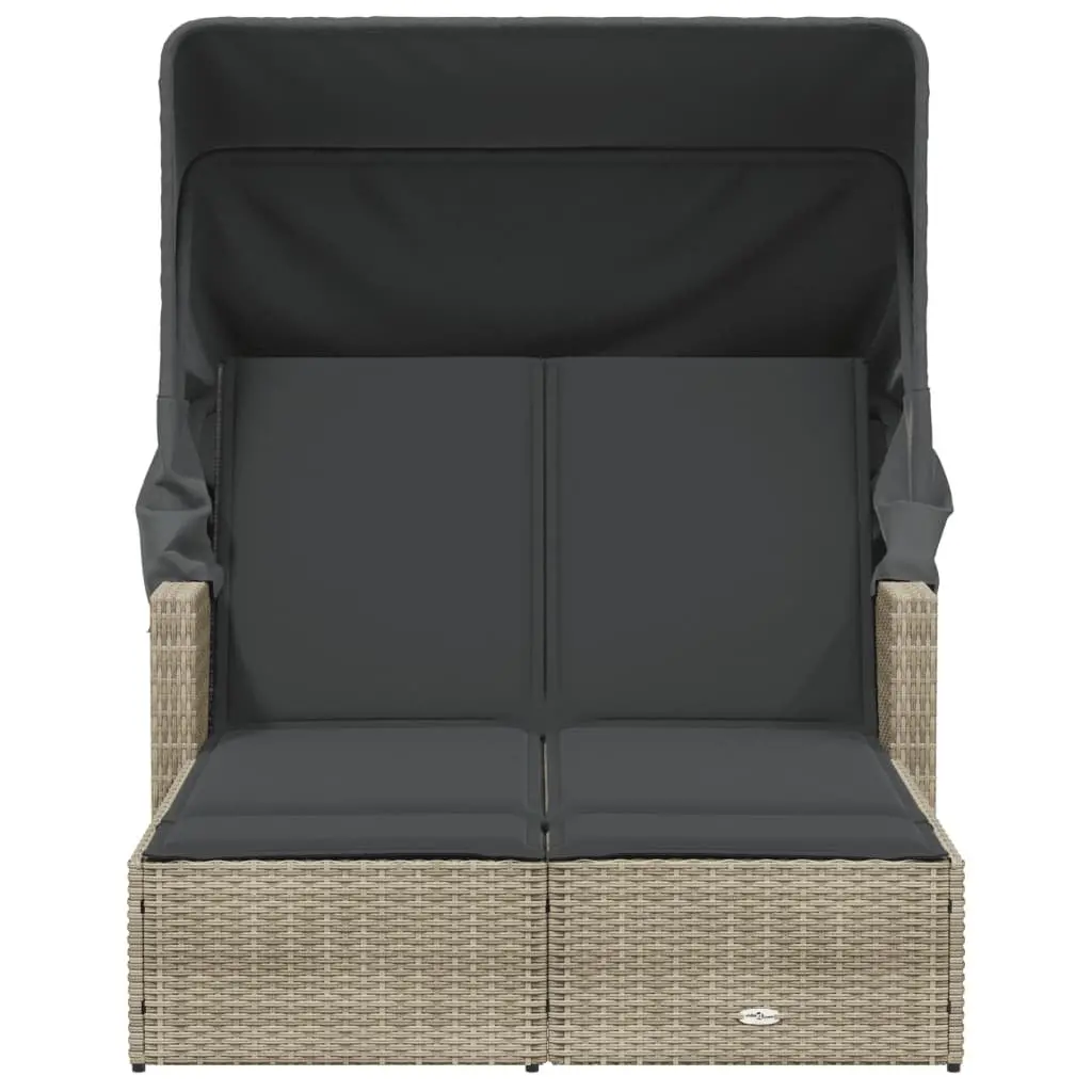 Double Sun Lounger Grey Canopy Cushions Adjustable Backrest Outdoor Furniture