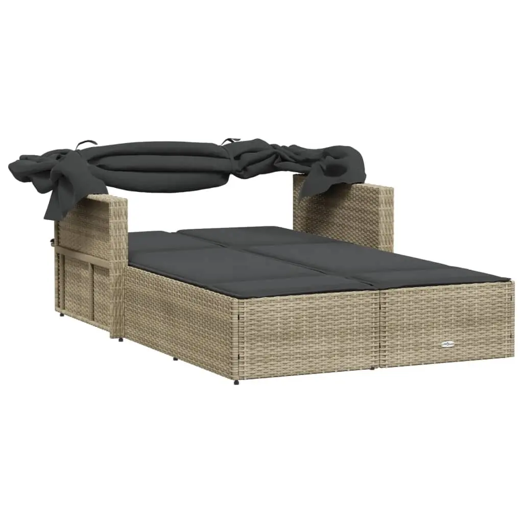 Double Sun Lounger Grey Canopy Cushions Adjustable Backrest Outdoor Furniture