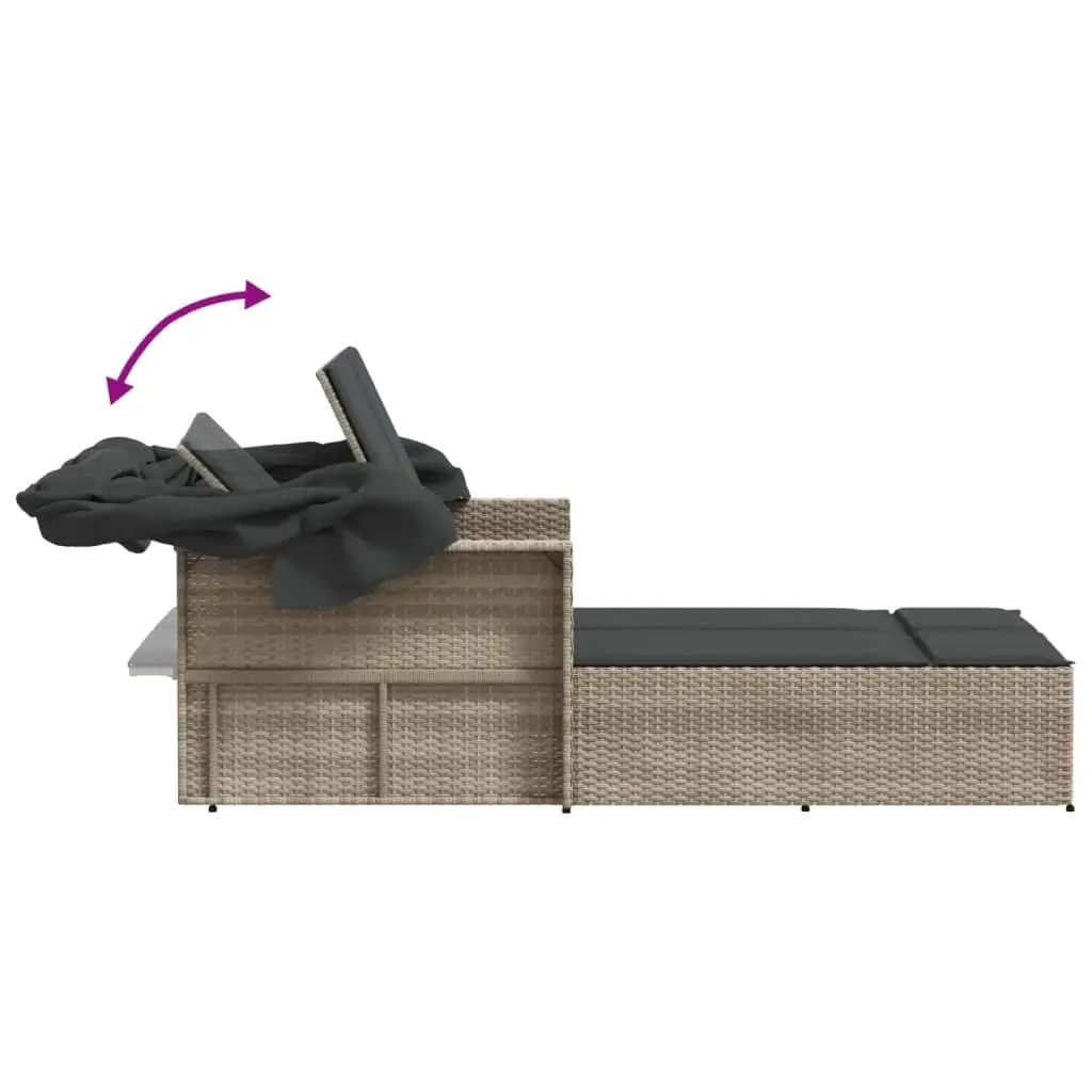 Double Sun Lounger Grey Canopy Cushions Adjustable Backrest Outdoor Furniture