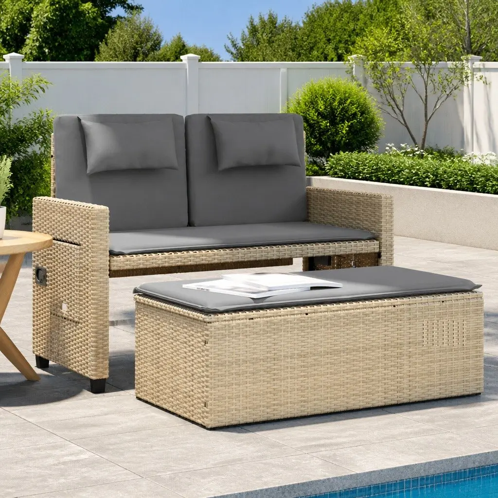 Outdoor Garden Bench Beige 2-in-1 Reclining Loveseat Sofa Bed with Cushions