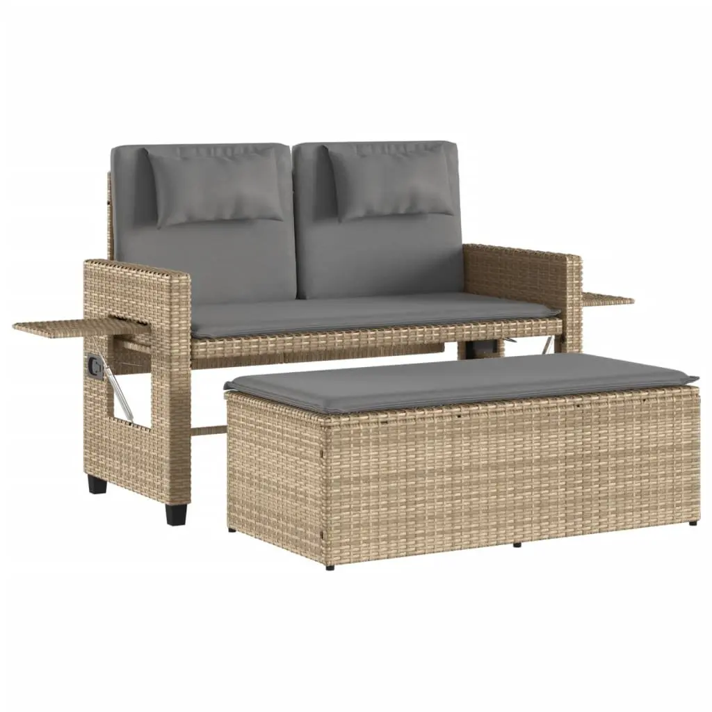 Outdoor Garden Bench Beige 2-in-1 Reclining Loveseat Sofa Bed with Cushions
