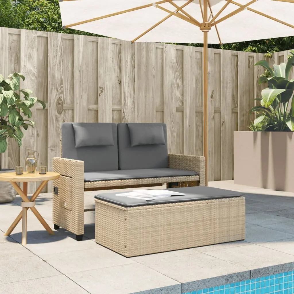 Outdoor Garden Bench Beige 2-in-1 Reclining Loveseat Sofa Bed with Cushions