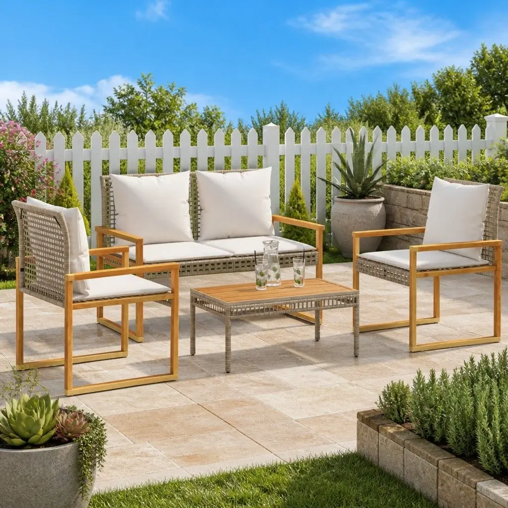 Beige Outdoor Lounge Set 4 Piece Poly Rattan Patio Furniture with Cushions and Acacia Wood Table