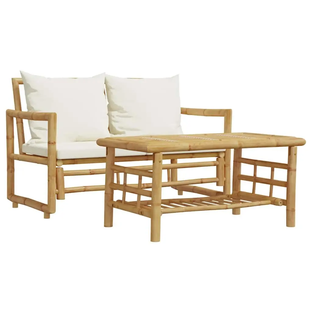 2 Piece Garden Sofa Set Brown Cushions Durable Bamboo Construction