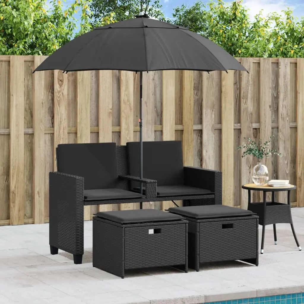 Garden Sofa Black 2-Seater with Parasol and Stools Poly Rattan Outdoor Patio Set