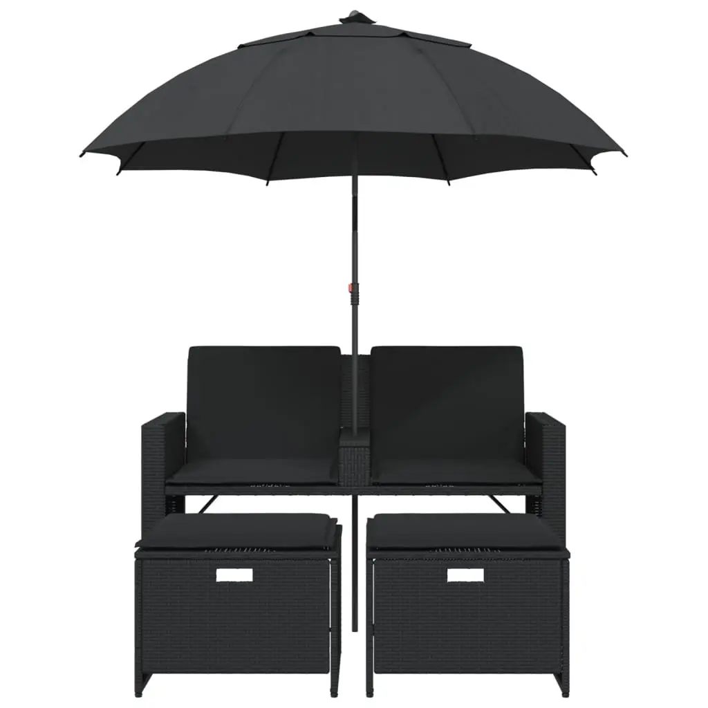 Garden Sofa Black 2-Seater with Parasol and Stools Poly Rattan Outdoor Patio Set
