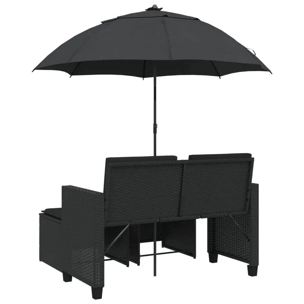 Garden Sofa Black 2-Seater with Parasol and Stools Poly Rattan Outdoor Patio Set