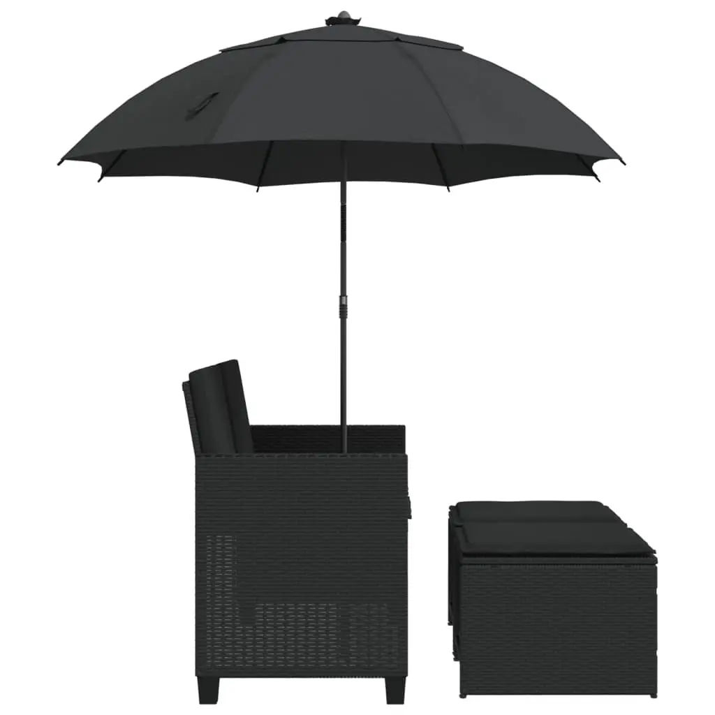 Garden Sofa Black 2-Seater with Parasol and Stools Poly Rattan Outdoor Patio Set