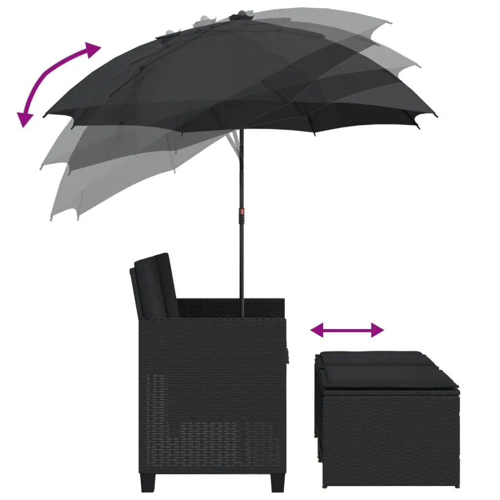Garden Sofa Black 2-Seater with Parasol and Stools Poly Rattan Outdoor Patio Set