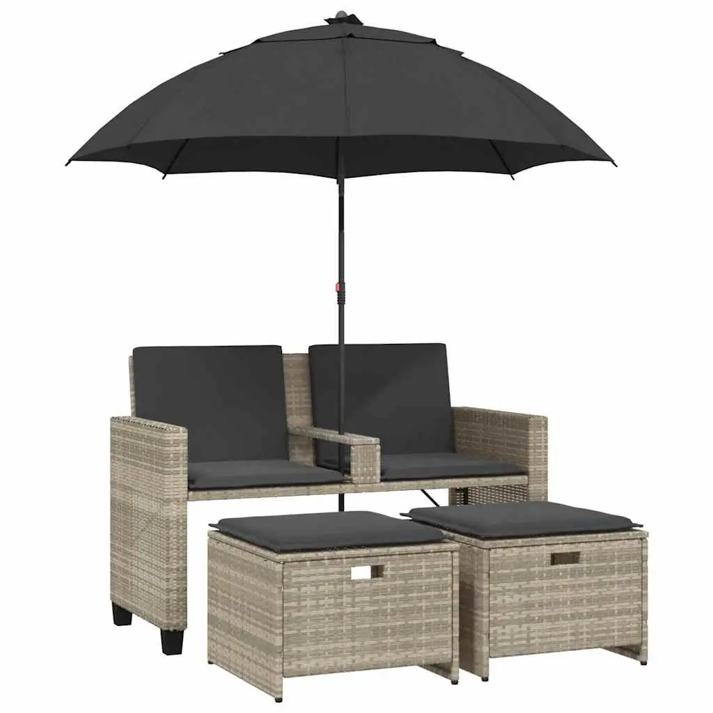Garden Sofa Light Grey 2-Seater with Parasol and Stools Poly Rattan Outdoor Set