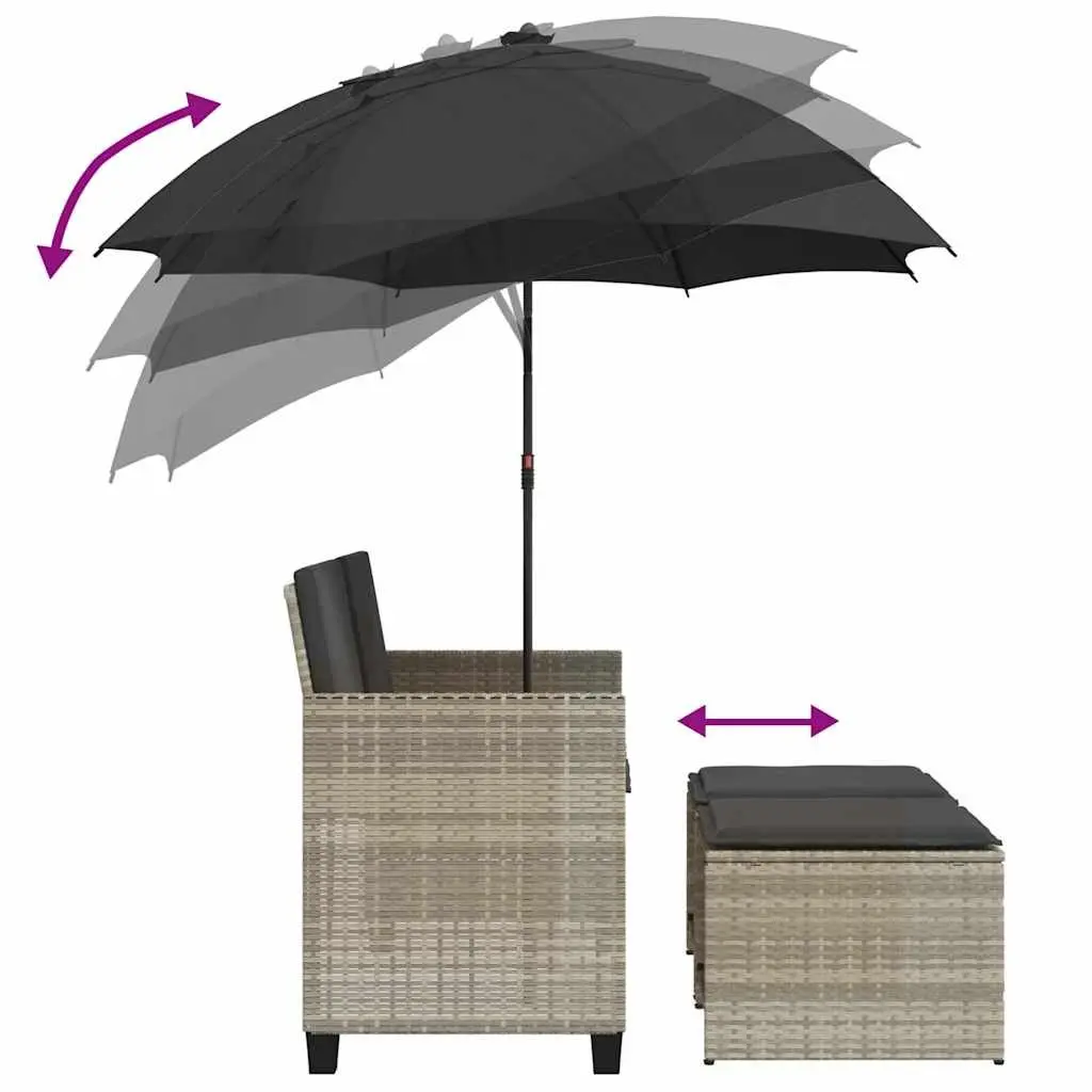 Garden Sofa Light Grey 2-Seater with Parasol and Stools Poly Rattan Outdoor Set