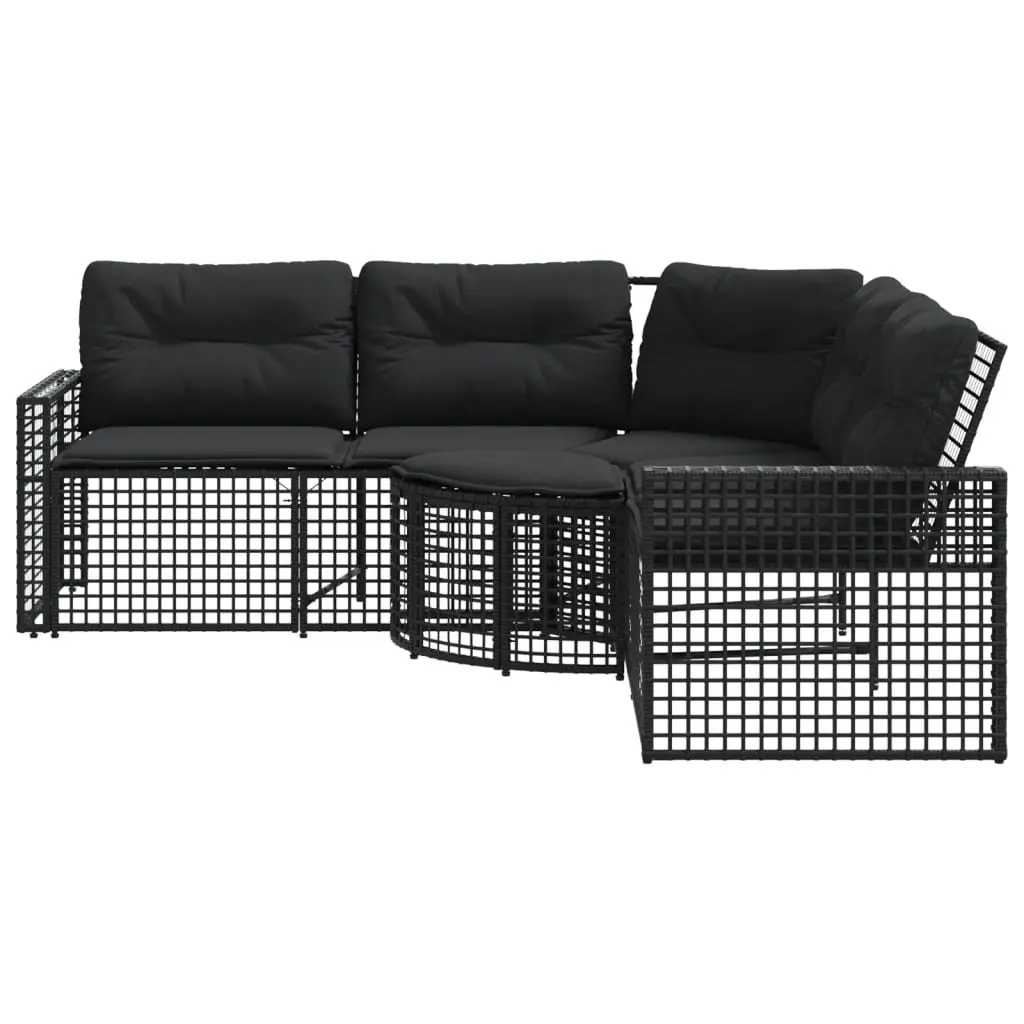L-Shaped Garden Sofa Black PE Poly Rattan Outdoor Patio with Footstool Cushions