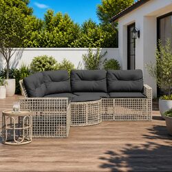 L-Shaped Garden Sofa with Cushions Footstool Grey Poly Rattan Outdoor Patio