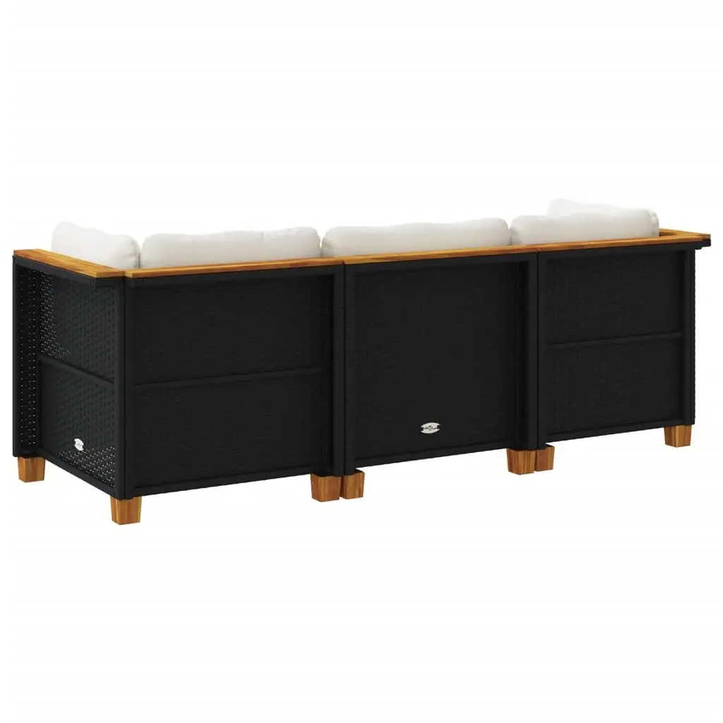3-Seater Outdoor Garden Sofa with Cushions Black Poly Rattan Lounge Seating