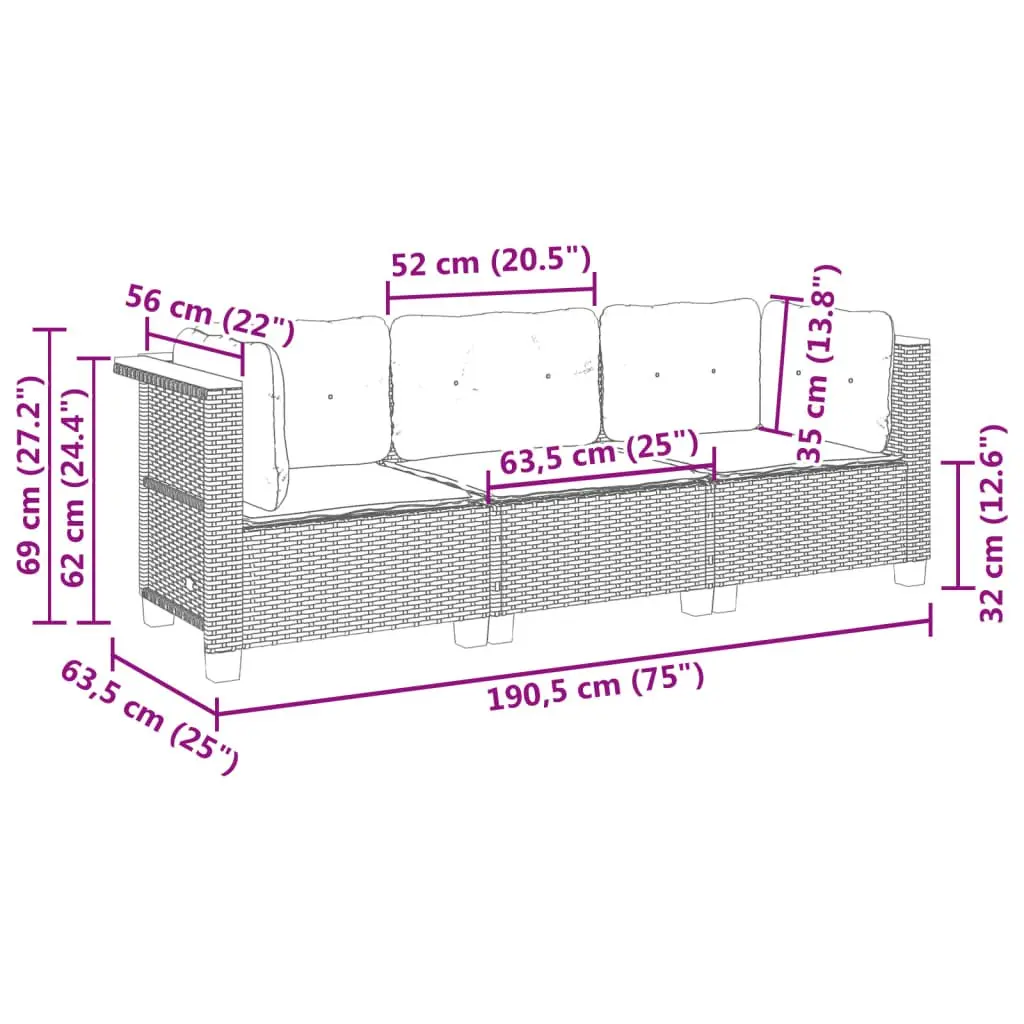 Outdoor Garden Sofa Grey 3-Seater PE Rattan Modular Lounge Furniture