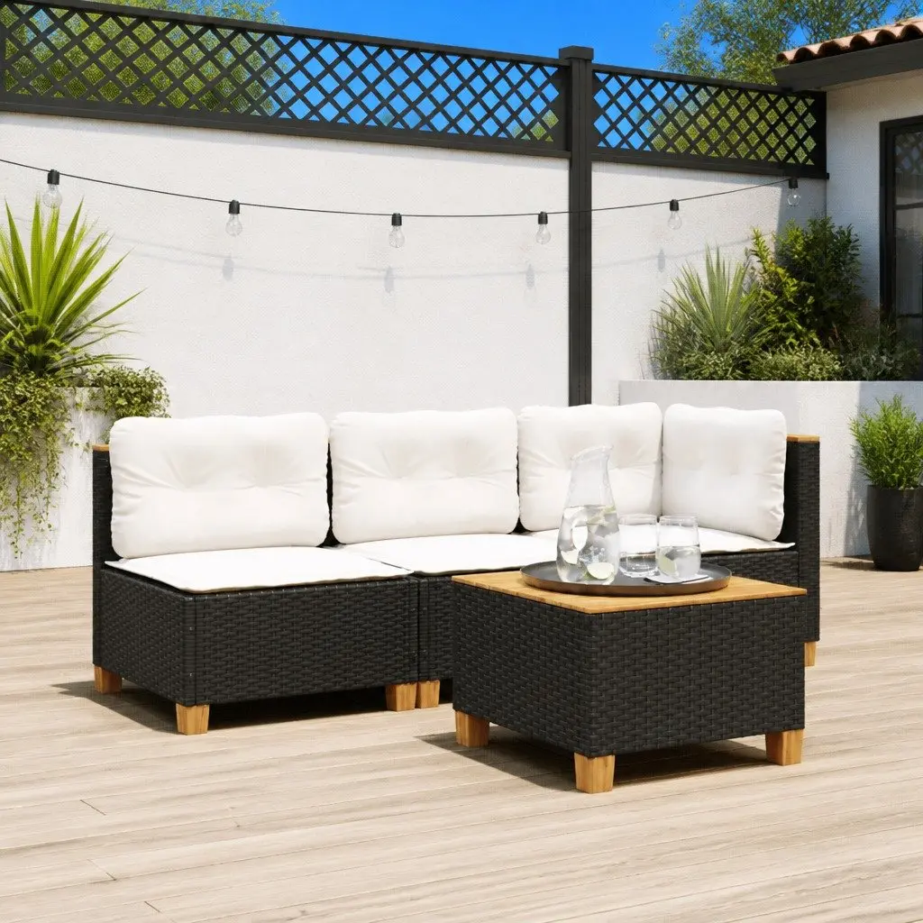 3-Seater Garden Sofa Black PE Rattan Outdoor Lounge Furniture with Cushions