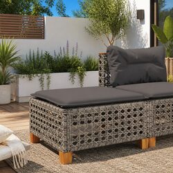 Outdoor Garden Stool with Cushion Grey Poly Rattan Footrest Lounge Seat