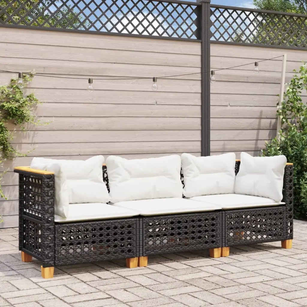 3-Seater Outdoor Garden Sofa Black PE Rattan Lounge with Cushions Modular