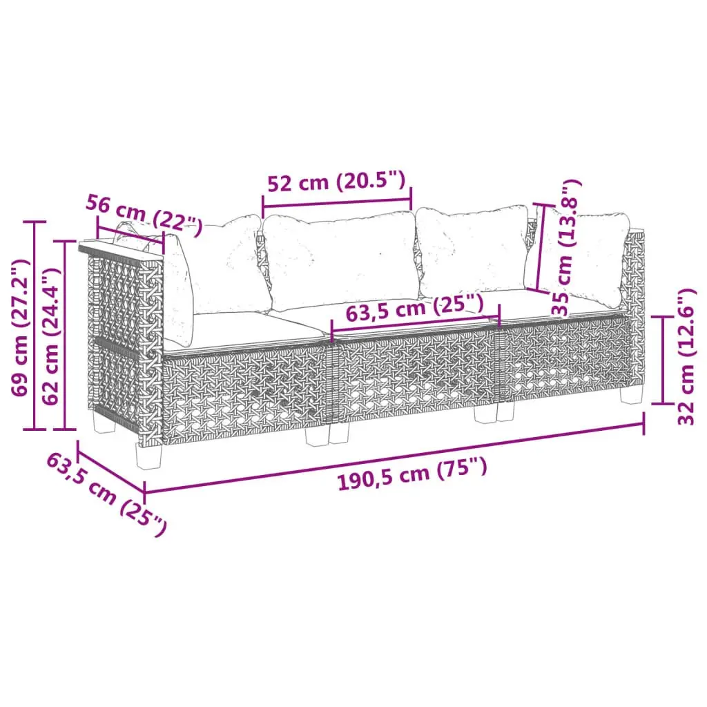 3-Seater Outdoor Garden Sofa Black PE Rattan Lounge with Cushions Modular