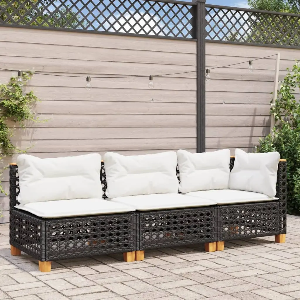 3-Seater Outdoor Garden Sofa with Cushions Black Poly Rattan Lounge Seating
