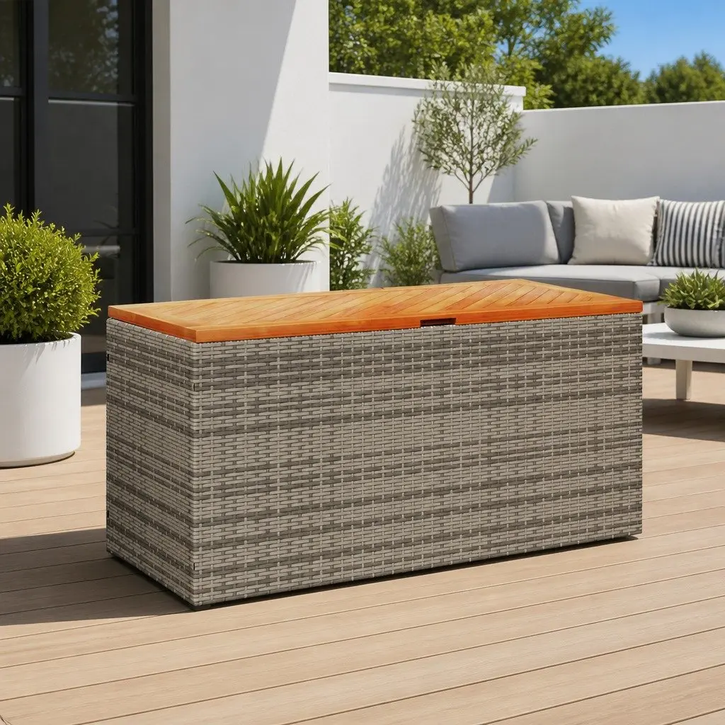 Garden Storage Box Grey Outdoor Furniture Poly Rattan Bench Seat Patio Box