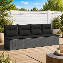 Outdoor Garden Sofa 4-Seater with Cushions Black Poly Rattan Modular Patio