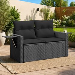 2-Seater Garden Sofa with Cushions Side Table Outdoor Seating Black Poly Rattan