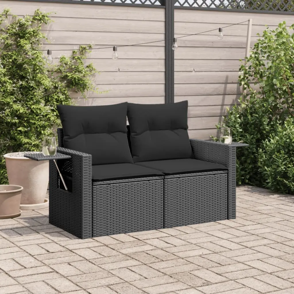 2-Seater Garden Sofa Black PE Rattan with Cushions Foldable Side Table Outdoor Seating