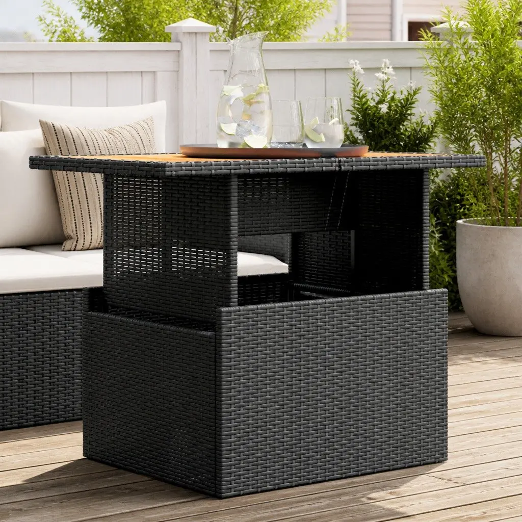 Garden Table Outdoor Furniture Black Poly Rattan Acacia Wood Adjustable Top