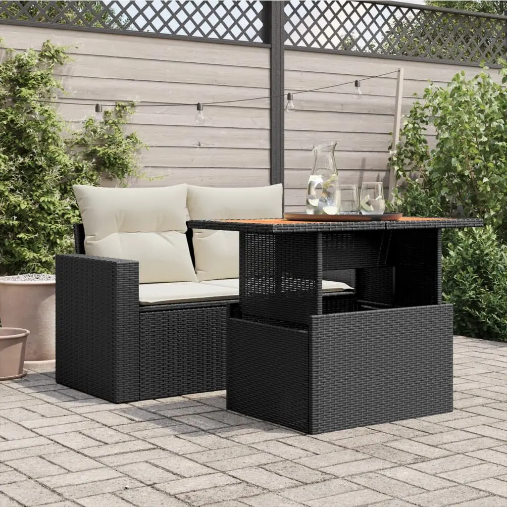 Garden Table Outdoor Furniture Black Poly Rattan Acacia Wood Adjustable Top