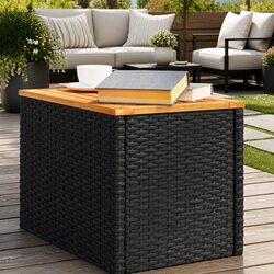 Garden Side Tables Set of 2 Black Outdoor Patio Furniture Rattan Tabletop