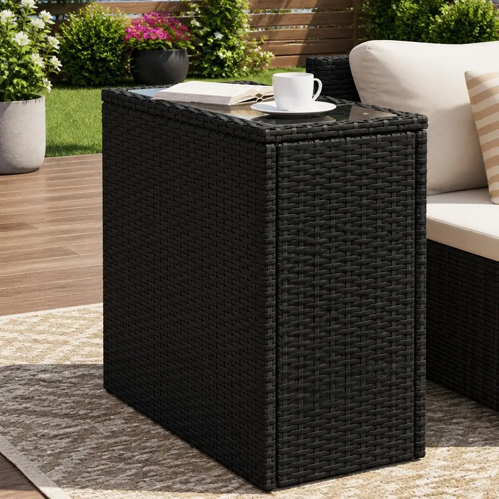 Garden Side Table Outdoor Patio Furniture Black Glass Top Poly Rattan Frame