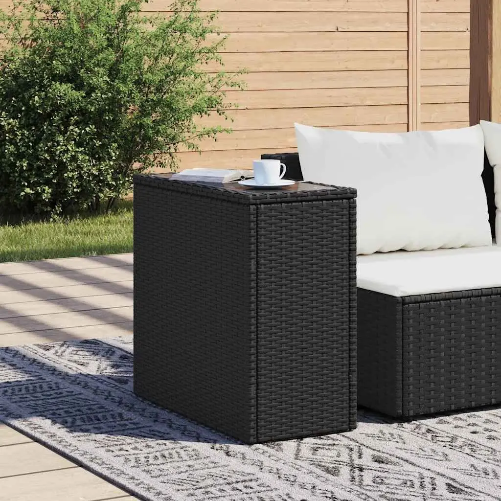 Garden Side Table Outdoor Patio Furniture Black Glass Top Poly Rattan Frame