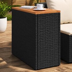 Garden Side Table Outdoor Patio Furniture Black Poly Rattan Wooden Top