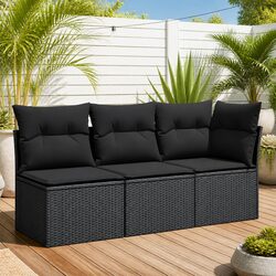 Outdoor Garden Sofa 3-Seater Black Poly Rattan with Storage Cushions Modular