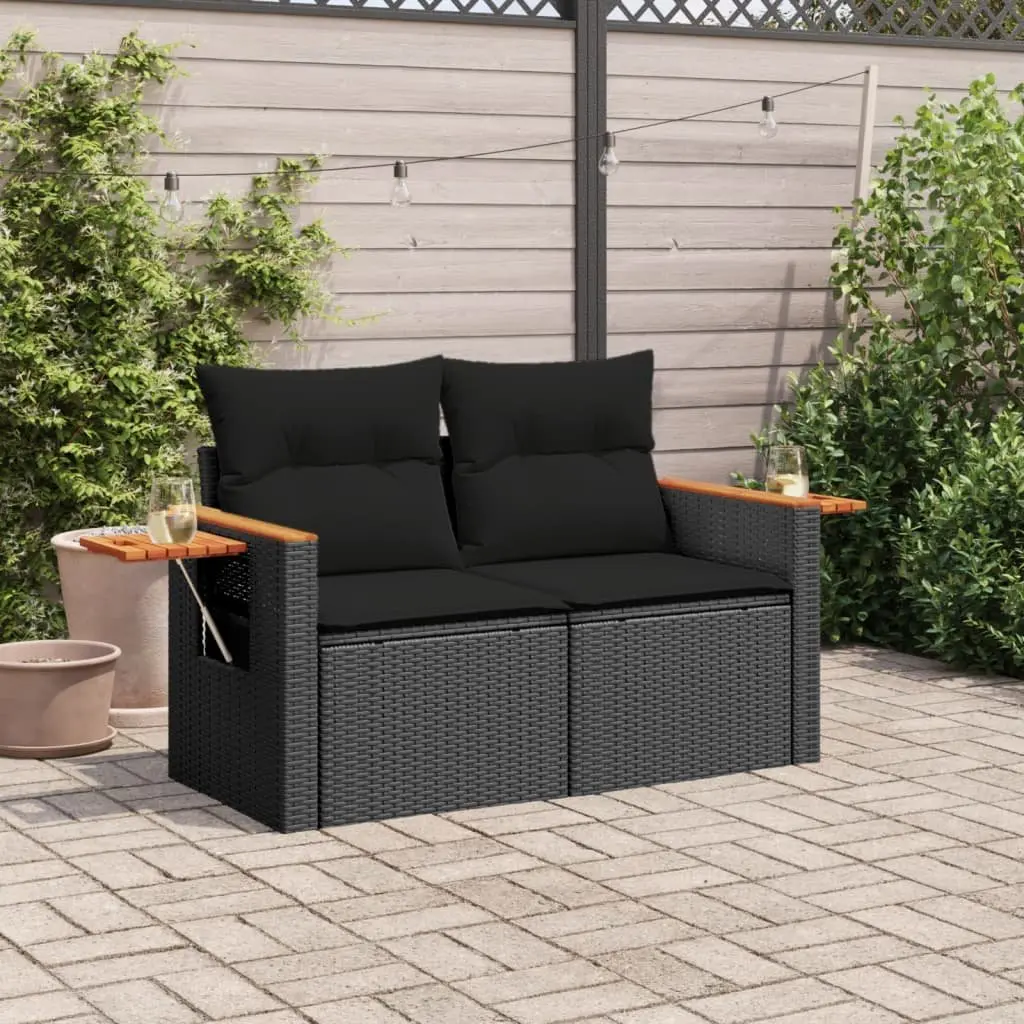 Garden Sofa Black 2-Seater Poly Rattan with Cushions and Foldable Side Table