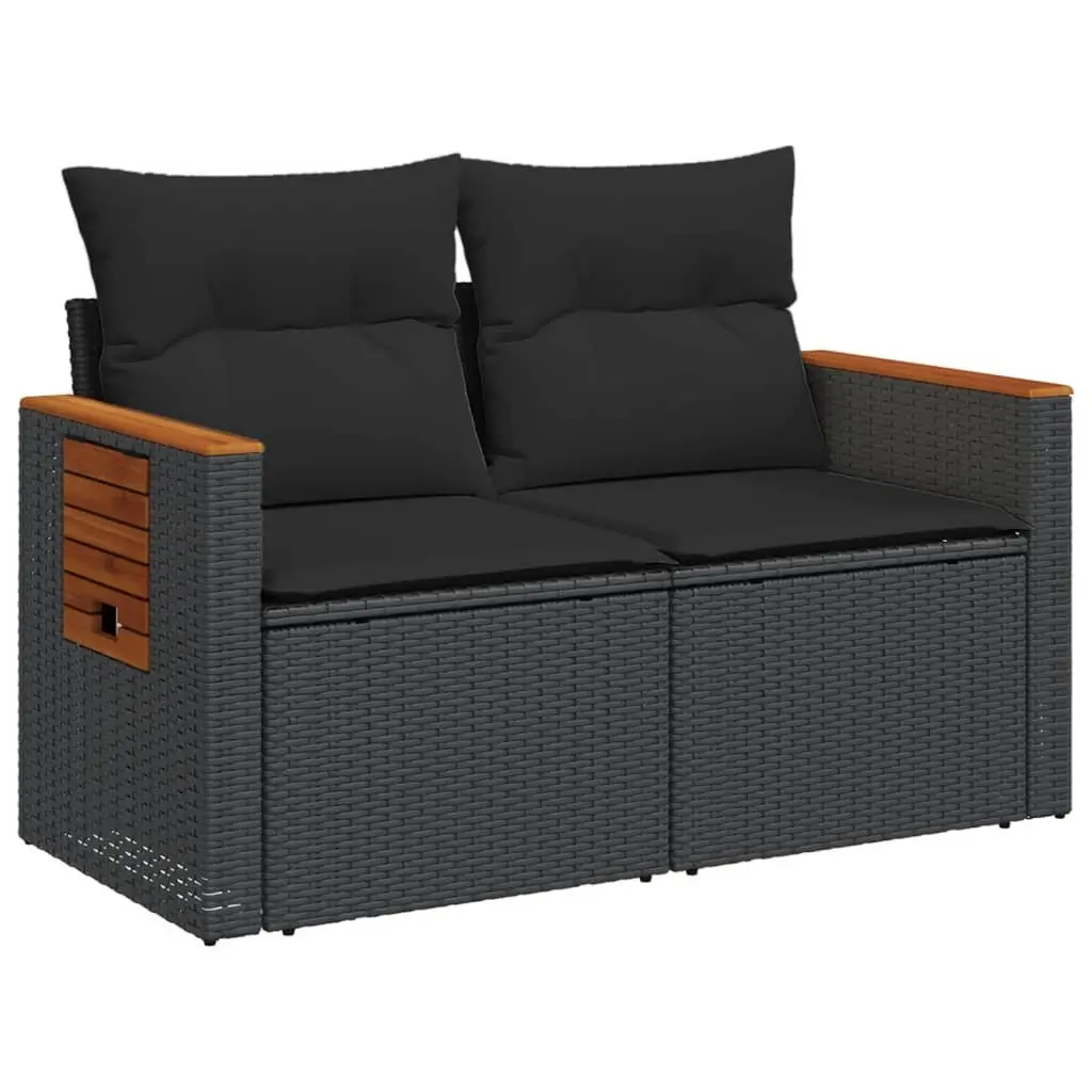 Garden Sofa Black 2-Seater Poly Rattan with Cushions and Foldable Side Table
