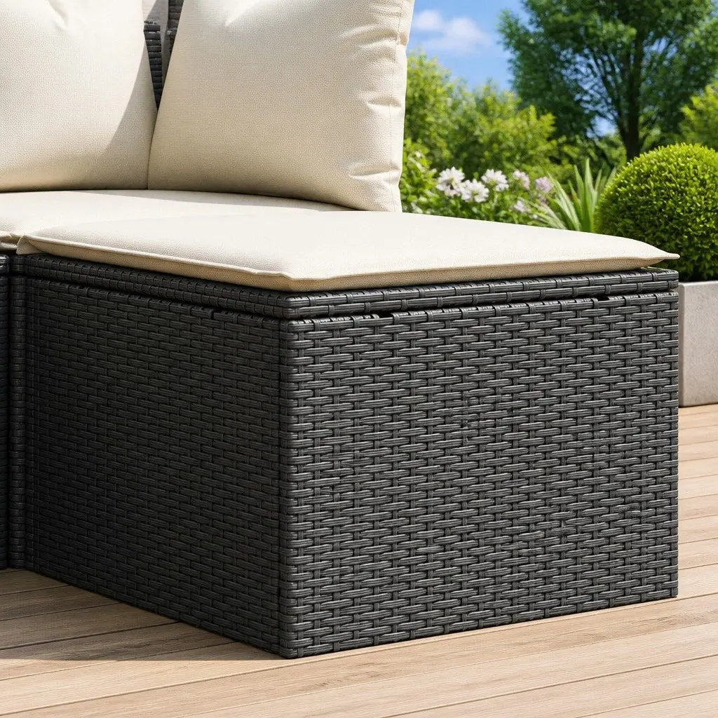 Garden Stool Black PE Poly Rattan Cushion Outdoor Footrest Durable Steel Frame