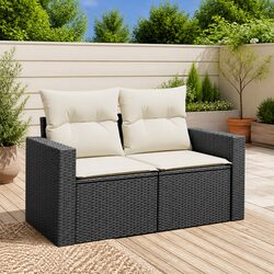 2-Seater Outdoor Garden Sofa with Cushions Black Poly Rattan Patio Furniture